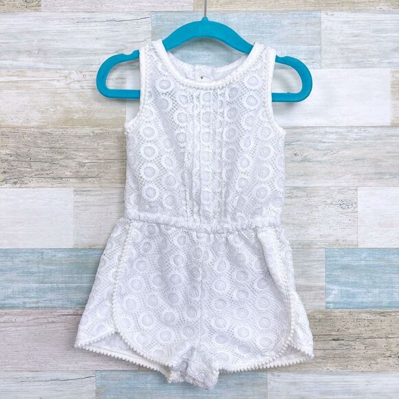 Genuine Kids OshKosh Lace Pom Trim Romper White Dolphin Hem Baby Girls 18M - Picture 1 of 7